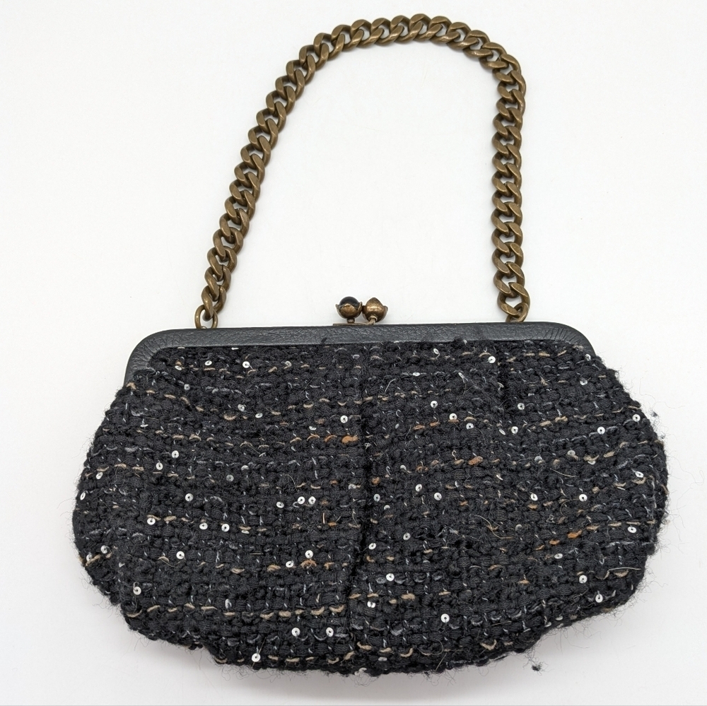 J Crew Black Brown Sequin Woven Wool Clutch Purse